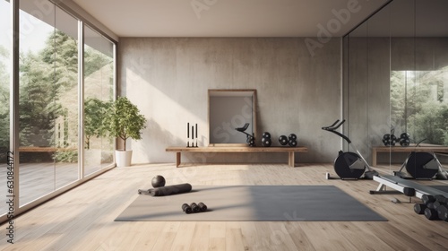 Fully equipped gym room with various exercise equipment photo