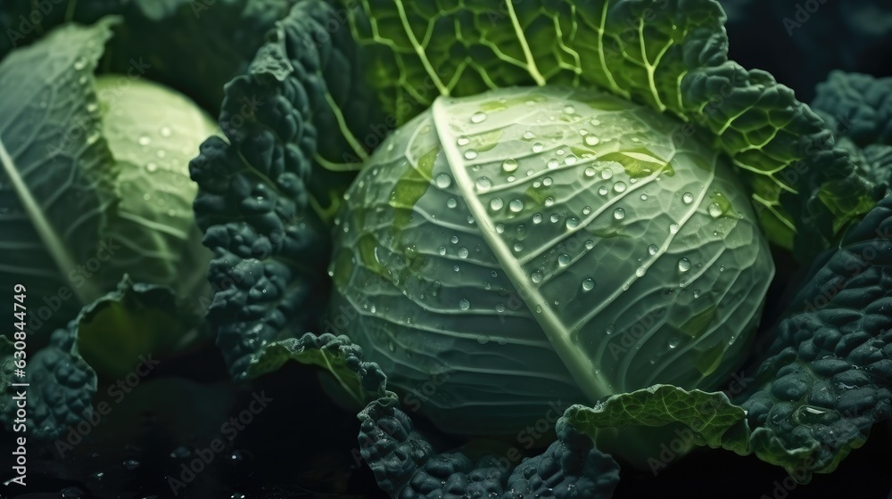 Fototapeta premium Beautiful cabbage head with dew droplets on the green fresh leaves in an organic farm.