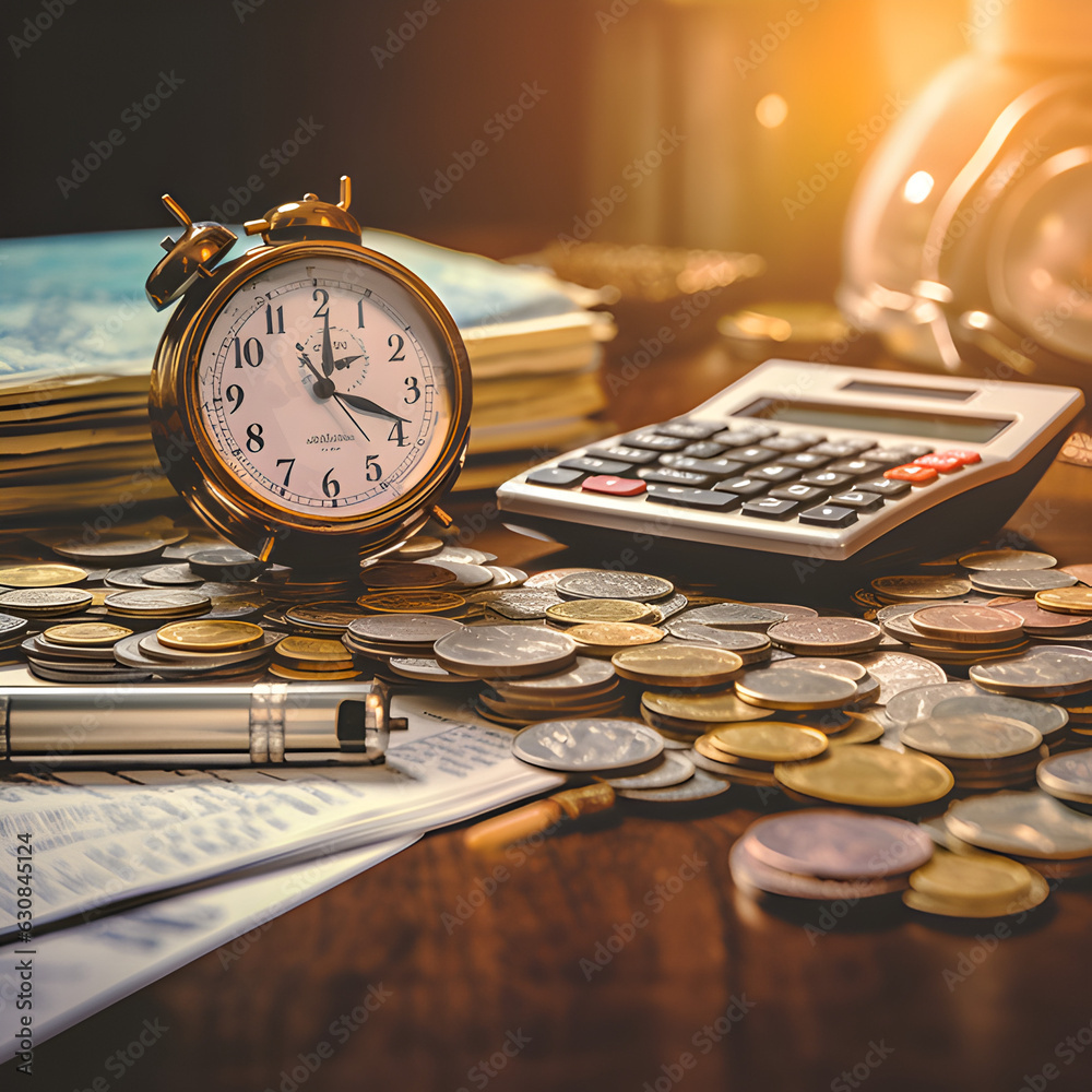 Tax paying scene showing a calculator, clock, and coins. Representing tax season and the importance of paying taxes and time is ticking to file by the deadline. Generative ai. Tax paying scene showing a calculator, clock, and coins. Representing tax season and the importance of paying taxes and time is ticking to file by the deadline. Generative ai.