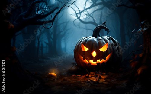 Spooky Halloween jack-o'-lantern pumpkin in a spooky forest with blue moonlight and fog. Shallow field of view.