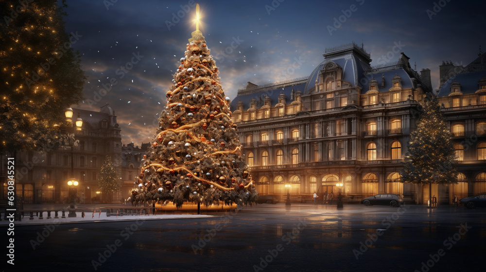 Enchanting Christmas Scene: Evening with Decorations and a Large Tree in the Square