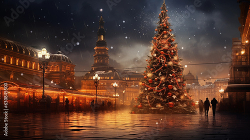 Yuletide Wonderland: Christmas Tree and Decorations in the Evening Square