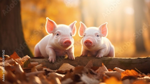 Two adorable piglets perched on a log in a picturesque forest setting photo