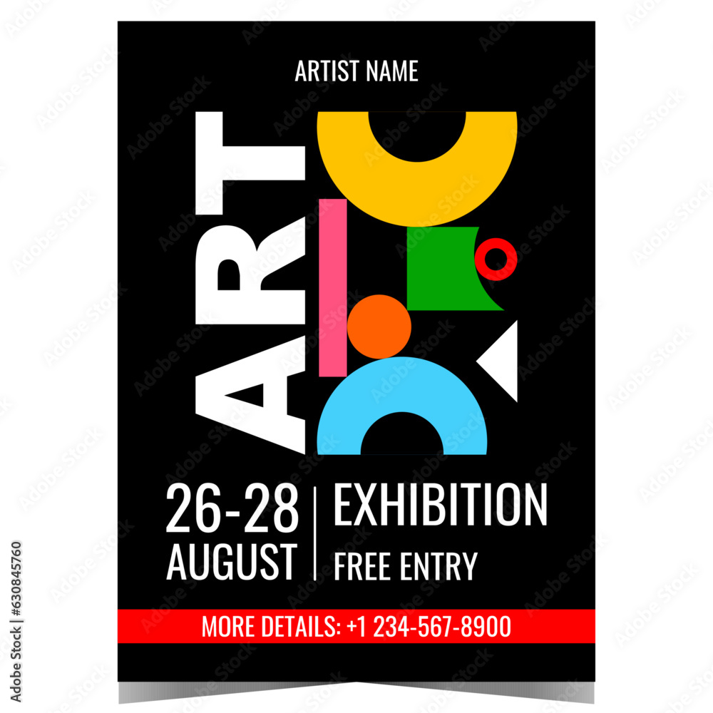 Fototapeta premium Art exhibition design template with colourful abstract geometric shapes on the background. Banner, poster, leaflet or flyer for culture event, painting and photos exposition by famous artists.