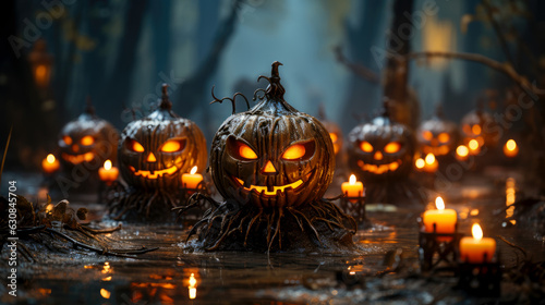 Happy Helloween, big creepy pumpkins celebrate Halloween night in forest