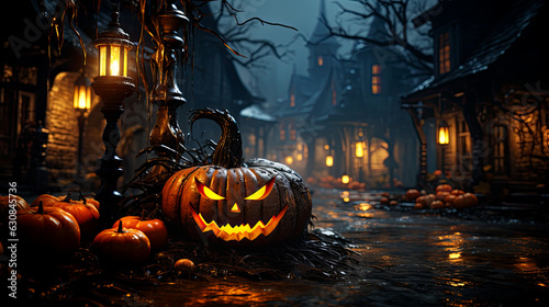 Happy Helloween, big creepy pumpkin celebrate Halloween night on a dark street