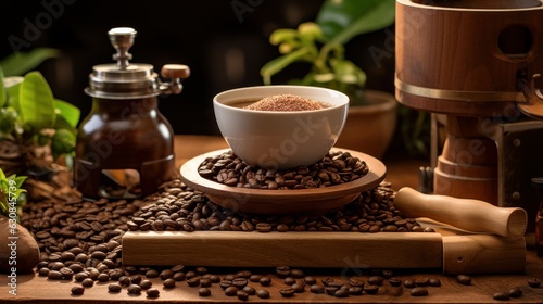 Wooden table covered in a generous amount of coffee beans