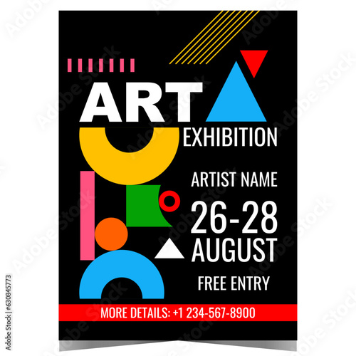 Art exhibition vector illustration for museum exposition, photo and painting gallery, contemporary culture show, fair and festival. Art exhibition poster with colourful abstract geometric elements.