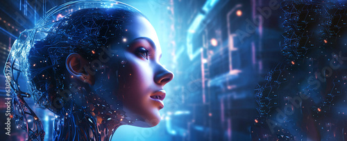 Surreal abstract woman-robot portrait with fantasy bright combinations. Futuristic technology transformation. Banner. Generative Ai content.
