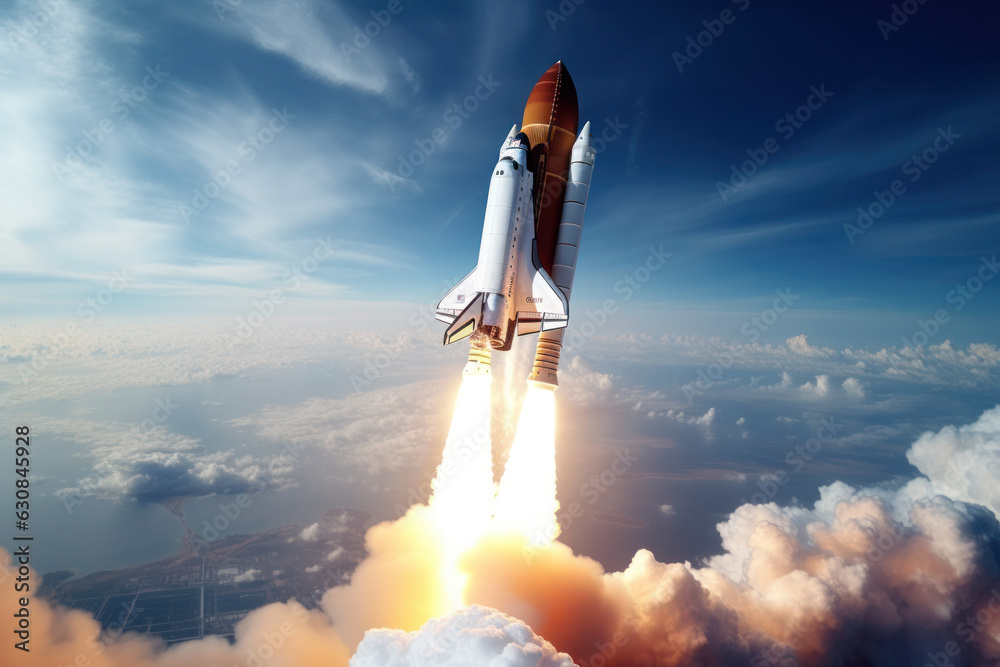 Space shuttle launches, Earth below. Ocean and sky beneath the spacecraft. - obrazy, fototapety, plakaty 