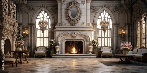 Reception room of a castle with fireplace, table, candlesticks, marble floor