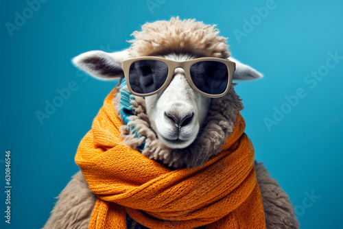 Funny sheep wearing sunglasses and scarf. Isolated on blue background.