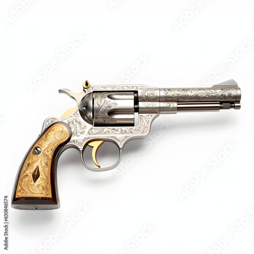 Old fashioned western revolver with floral etching and gold accents. Type of gun found during the wild west. Displayed with a solid white background and slight shadow, generative ai.