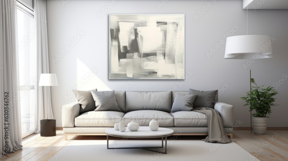Modern living room with a white couch and a statement painting on the wall Modern living room with a white couch and a statement painting on the wall