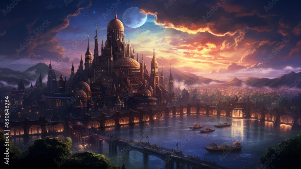 Naklejka premium Enchanting silhouette of the city skyline at dusk, evoking a sense of wonder.