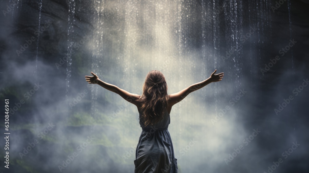 Woman embracing the rain with her arms outstretched Woman embracing the rain with her arms outstretched