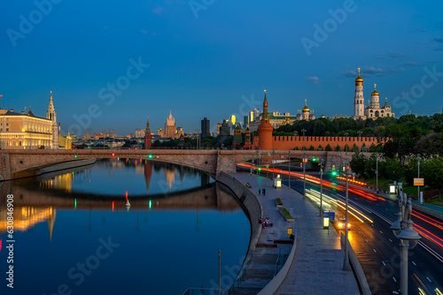 Night view of Moscow Kremlin and Moskvoretskaya embankment in Moscow  Russia. Architecture and landmarks of Moscow. Postcard of Moscow