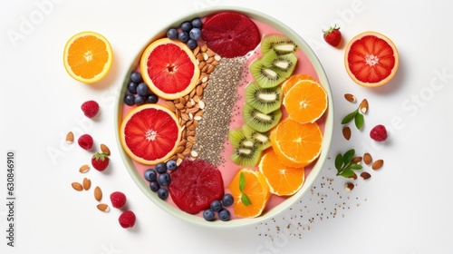 Colorful bowl filled with a variety of fresh fruits and nuts on a wooden table