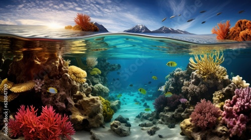 Underwater coral reef with a majestic mountain backdrop © KerXing