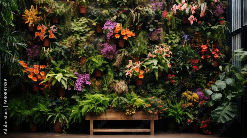 Vibrant wall of plants and flowers in a beautifully decorated room