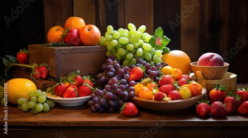 Table with a vibrant display of fresh fruit in bowls