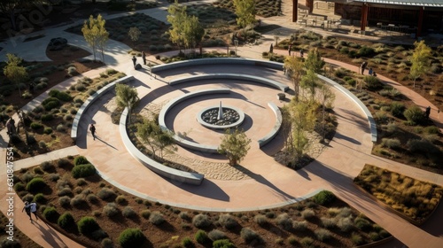 Aerial view of a beautiful circular garden in a park