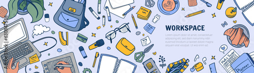 Workspace doodle big set for creator, writer, editor, artist, designer, journalist or copywriter. Vector Illustration with outline doodle style, laptop, book, tablet, desk, plant, glasses, planner