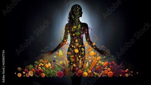 Woman surrounded by a colorful array of fresh fruits and vegetables