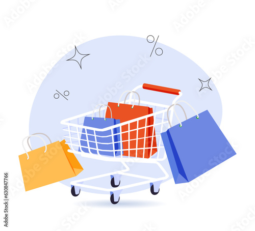 Shopping cart with cloud for online shopping and digital marketing ideas. Cartoon basket shop cart and promotional label