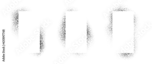 Thin rectangle frames with spray stencil effect set. Grunge dotted squared border collection. Faded noise texture shape bundle. Black splattered elements for text box, banner, poster, template. Vector