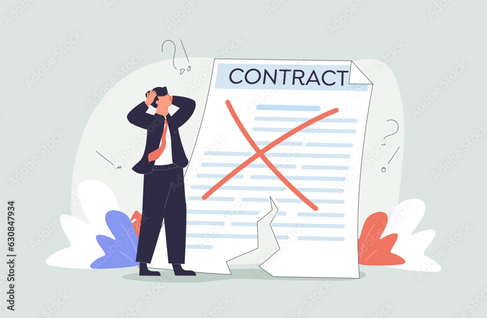 Contract cancellation business concept. Terminated tearing contract paper sheet breach flat style design vector Contract cancellation business concept. Terminated tearing contract paper sheet breach flat style design vector