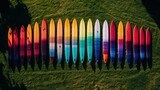 Colorful row of surfboards on a vibrant green field