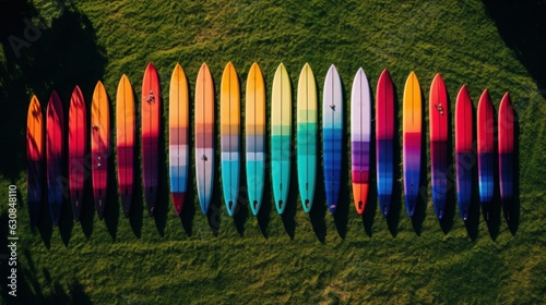 Colorful row of surfboards on a vibrant green field