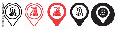 You Are Here symbol Icon. Logo of location pin or tip pointer on map. Vector set collection of travel navigation tag mark to find place using GPS on mobile or computer device. Precise red marker point