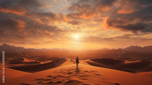 Person walking across a desert at sunset
