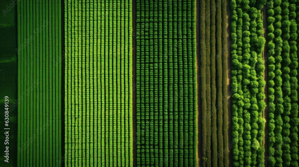 Aerial view of lush green crops on a farm - obrazy, fototapety, plakaty 