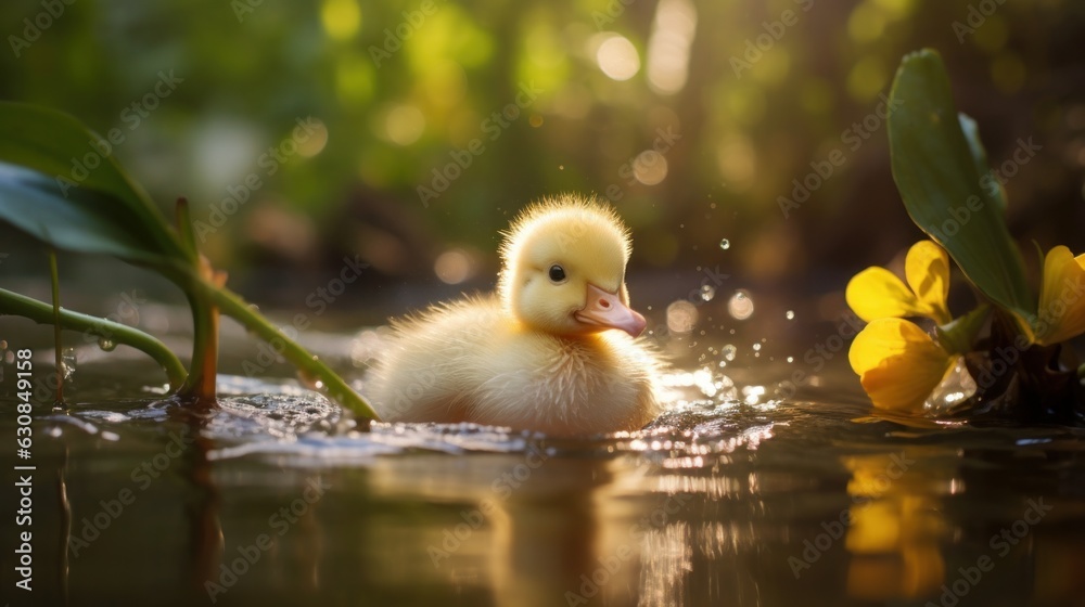 Cute duckling swimming in a pond surrounded by vibrant yellow flowers on a farm