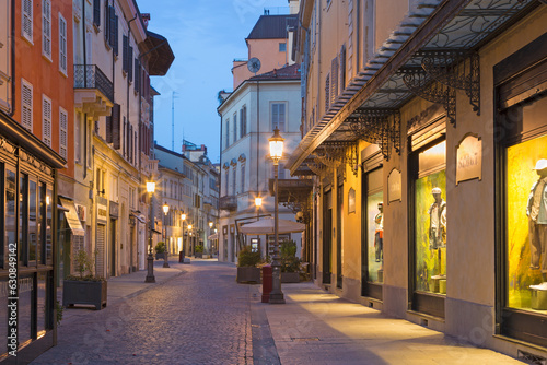 PARMA  ITALY - APRIL 18  2018  The street of the old town at dusk.
