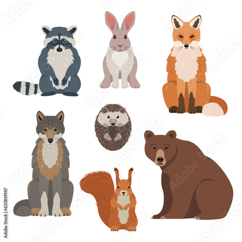 Cute Forest animals front view. Wild woodland mammal animal collection. Nature Vector icons illustration isolated on white background.