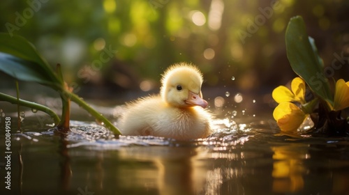 Cute duckling swimming in a pond surrounded by vibrant yellow flowers on a farm