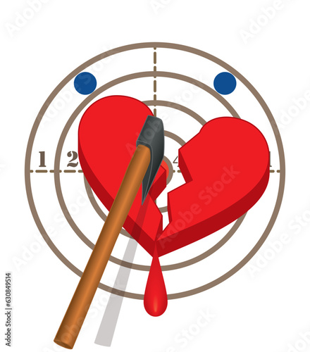 axe throwing, axe cutting in half a heart bleeding on target with drop of blood isolated on white background