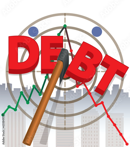 business, axe throwing, axe cutting in half business debt on target with line graph and buildings isolated on white background