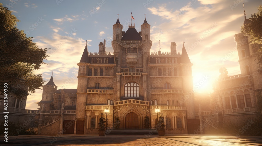 Historical castle featuring tall windows, basking in the morning sunlight.