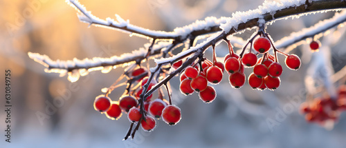 frosted red berries on a branch photo