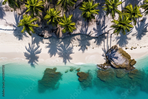 Beach with palm trees and white sand, drone view, top view. AI generated. © serperm73