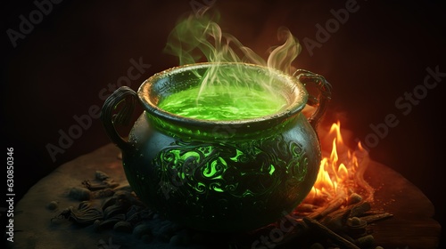 3D illustration of a witches cauldron with green potion Generative AI
