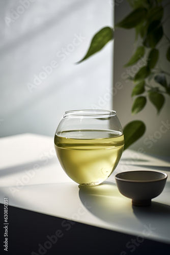 Freshly brewed green leaf tea in glass cup on the table