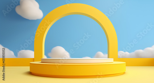 abstract background with blue sky inside the window on the yellow wall. podium for product display background, 3d render - Generative AI