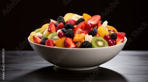 White bowl filled with fresh fruits on a wooden table