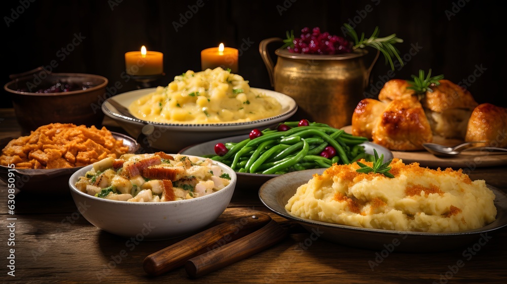 Selection of traditional thanksgiving food - turkey, mashed potatoes, green beans, apple pie on rustic background Generative AI Selection of traditional thanksgiving food - turkey, mashed potatoes, green beans, apple pie on rustic background Generative AI